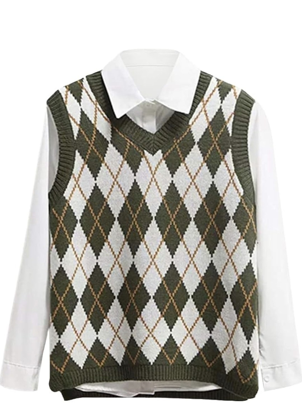 Argyle V-Neck Knit Vest Sweater - Olive/White